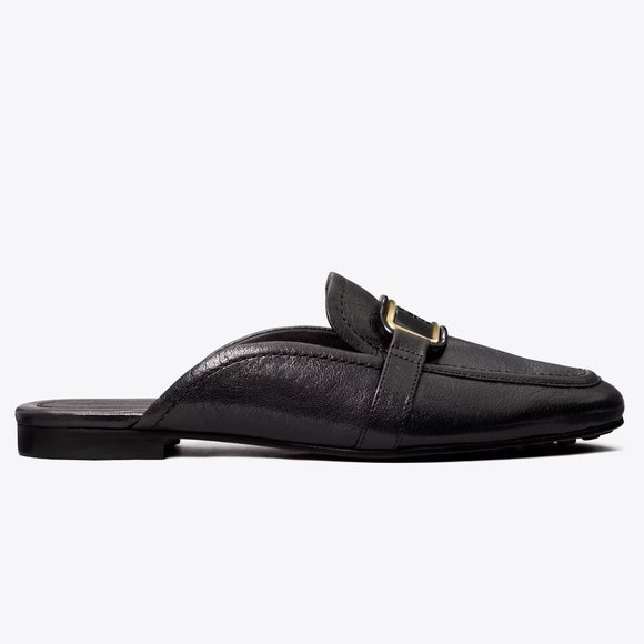 Tory Burch $298 Georgia Backless Loafer Flats Mules Black Gold Logo - Picture 5 of 9